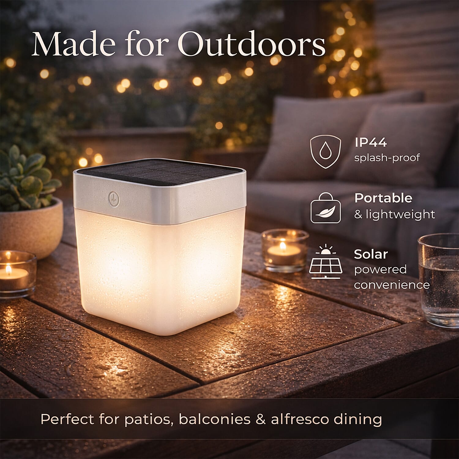 NEW Lutec Table Cube Solar Powered LED Portable Lantern - 3 Step Dimmer - Ip44 Rated White & Silver