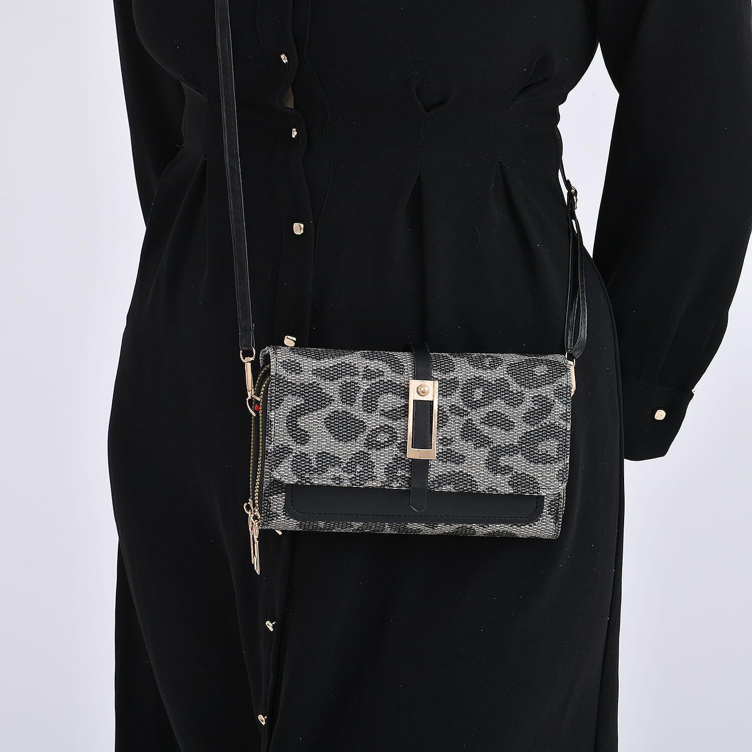 Designer Inspired - Leopard Pattern Crossbody Bag - Black