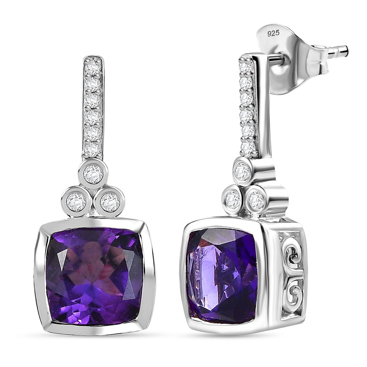 AAA African Amethyst & White Zircon Solitaire Stud Push Post Earring in Rhodium Overlay Sterling Silver 5.12 Ct.
