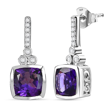 AAA African Amethyst & White Zircon Solitaire Stud Push Post Earring in Rhodium Overlay Sterling Silver 5.12 Ct.