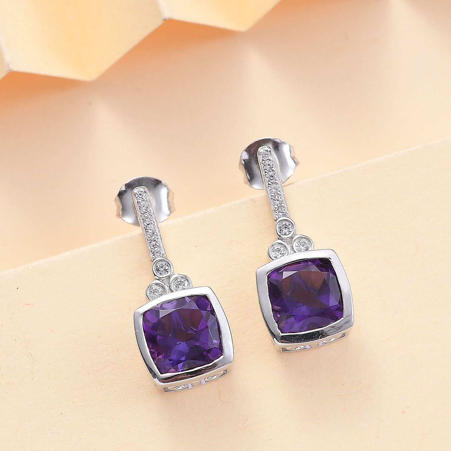 AAA African Amethyst & White Zircon Solitaire Stud Push Post Earring in Rhodium Overlay Sterling Silver 5.12 Ct.