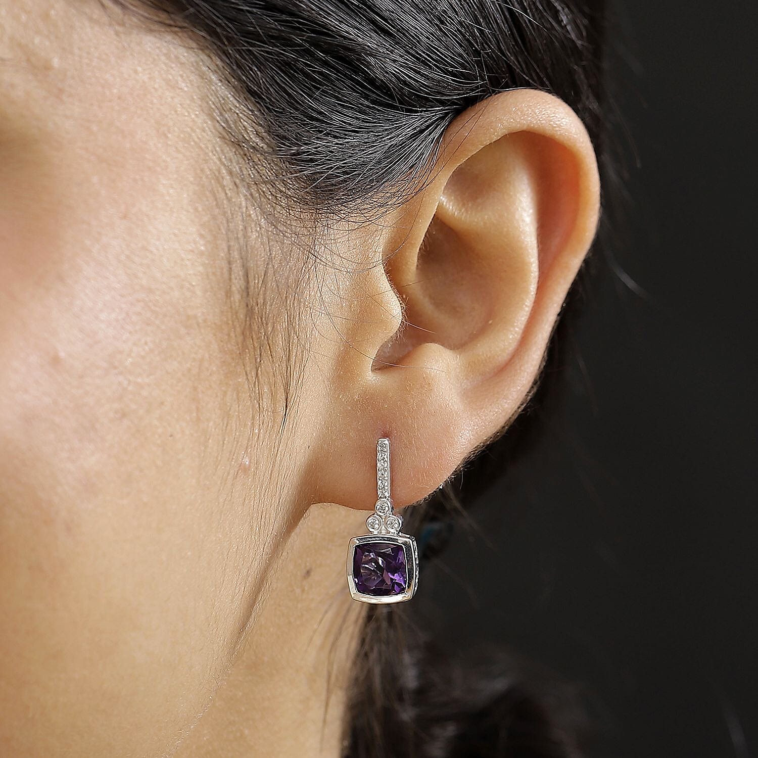 AAA African Amethyst & White Zircon Solitaire Stud Push Post Earring in Rhodium Overlay Sterling Silver 5.12 Ct.