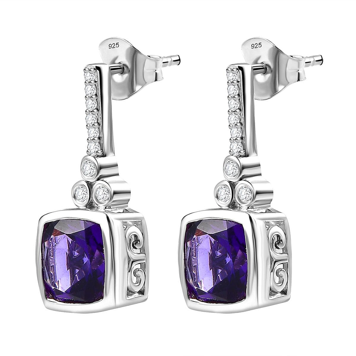 AAA African Amethyst & White Zircon Solitaire Stud Push Post Earring in Rhodium Overlay Sterling Silver 5.12 Ct.
