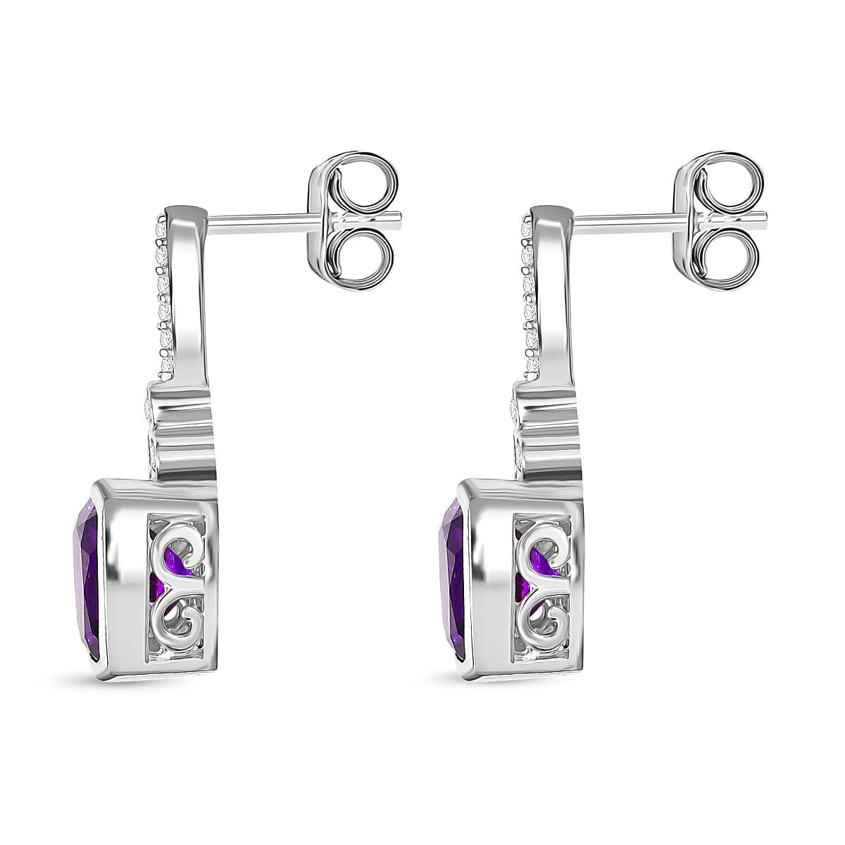 AAA African Amethyst & White Zircon Solitaire Stud Push Post Earring in Rhodium Overlay Sterling Silver 5.12 Ct.