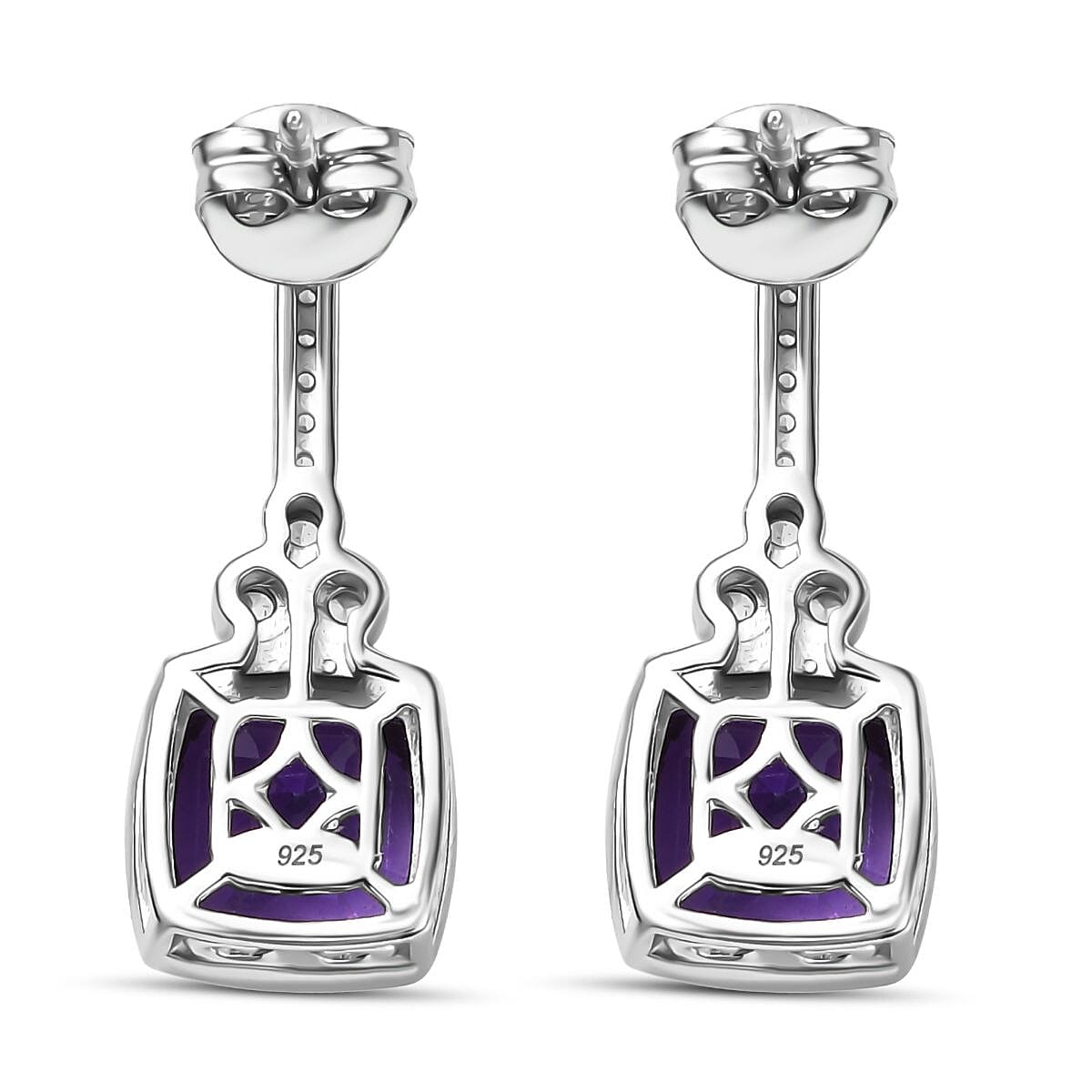 AAA African Amethyst & White Zircon Solitaire Stud Push Post Earring in Rhodium Overlay Sterling Silver 5.12 Ct.