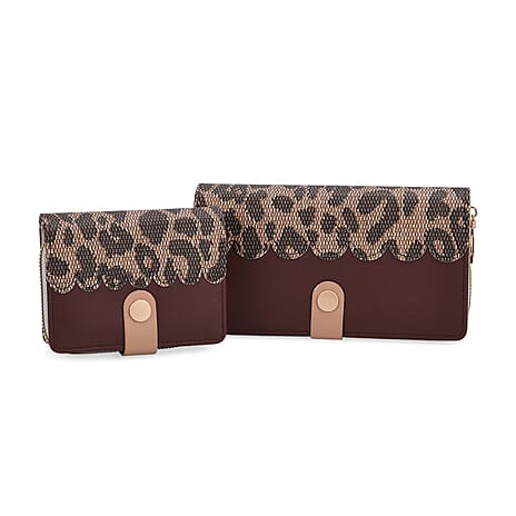SET OF 2 - Leopard Print Clutch - Short Wallet - Brown