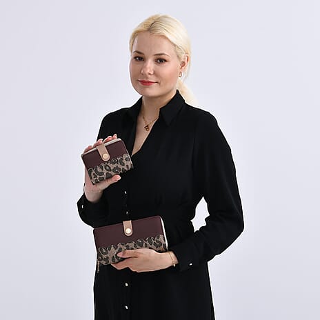 SET OF 2 - Leopard Print Clutch - Short Wallet - Brown