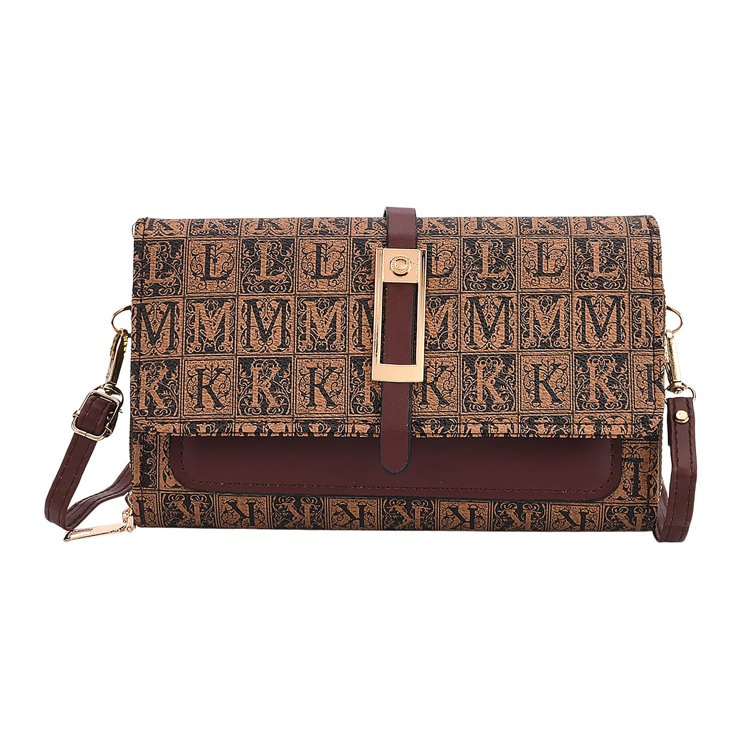 Designer Inspired - Monogram Pattern Crossbody Bag - Brown
