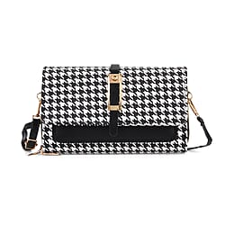 Designer Inspired - Houndstooth Pattern Crossbody Bag - Black - White