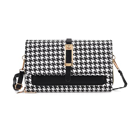 Designer Inspired - Houndstooth Pattern Crossbody Bag - Black - White