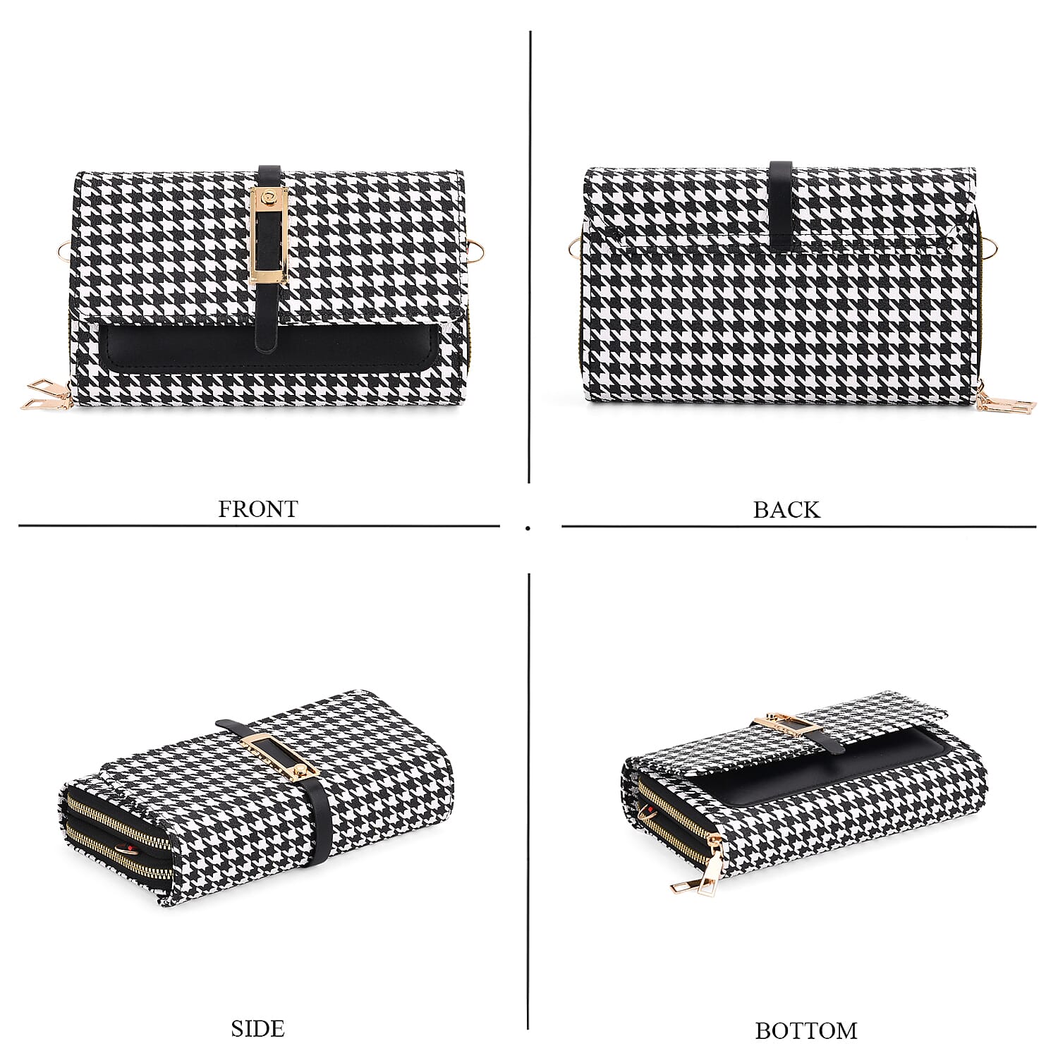 Designer Inspired - Houndstooth Pattern Crossbody Bag - Black - White