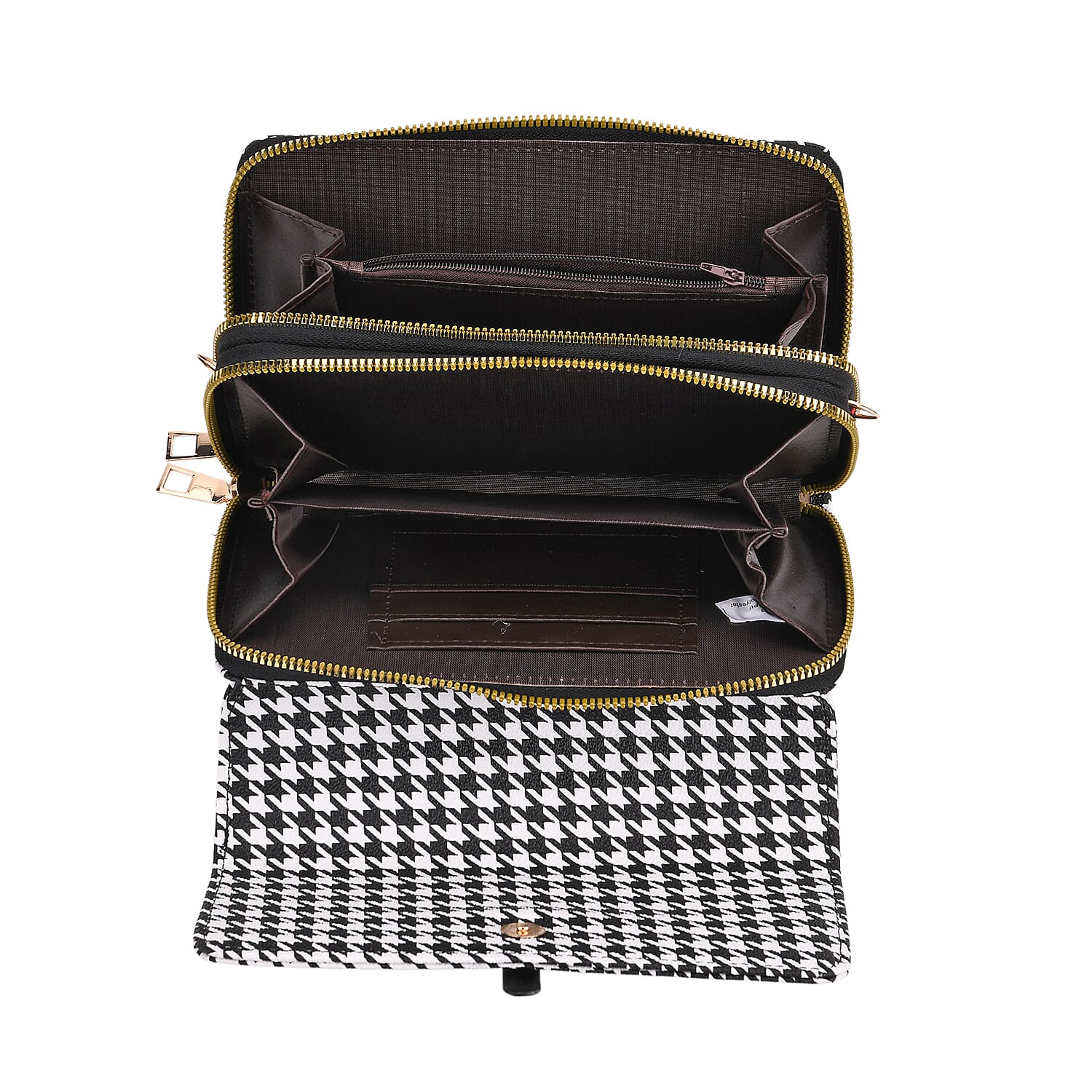 Designer Inspired - Houndstooth Pattern Crossbody Bag - Black - White