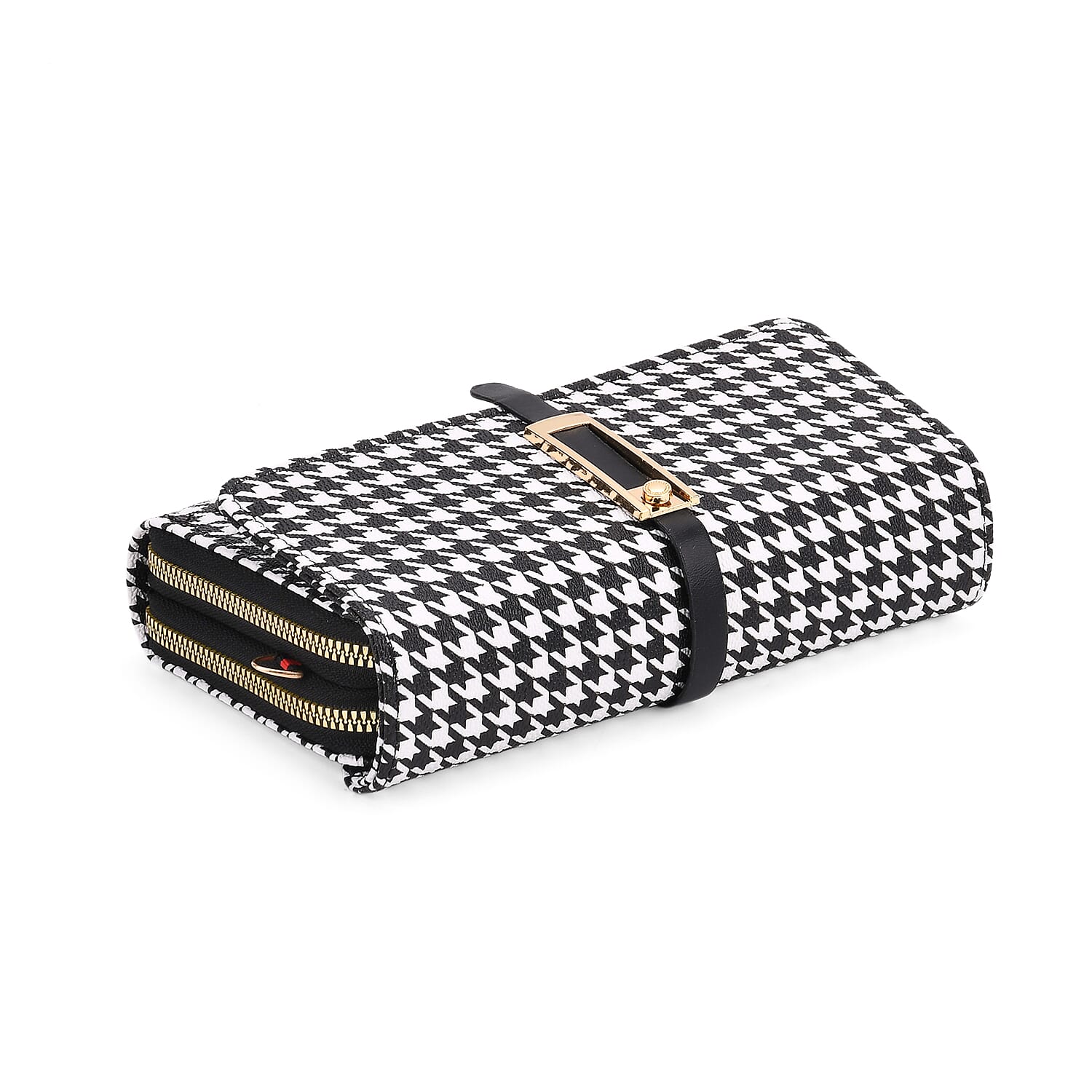 Designer Inspired - Houndstooth Pattern Crossbody Bag - Black - White