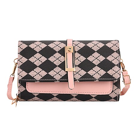 DESIGNER INSPIRED CLOSEOUT- Rhomboid Print Clutch Handbag - Black