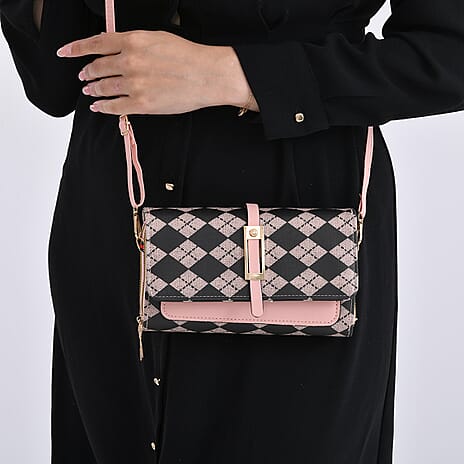 DESIGNER INSPIRED CLOSEOUT- Rhomboid Print Clutch Handbag - Black