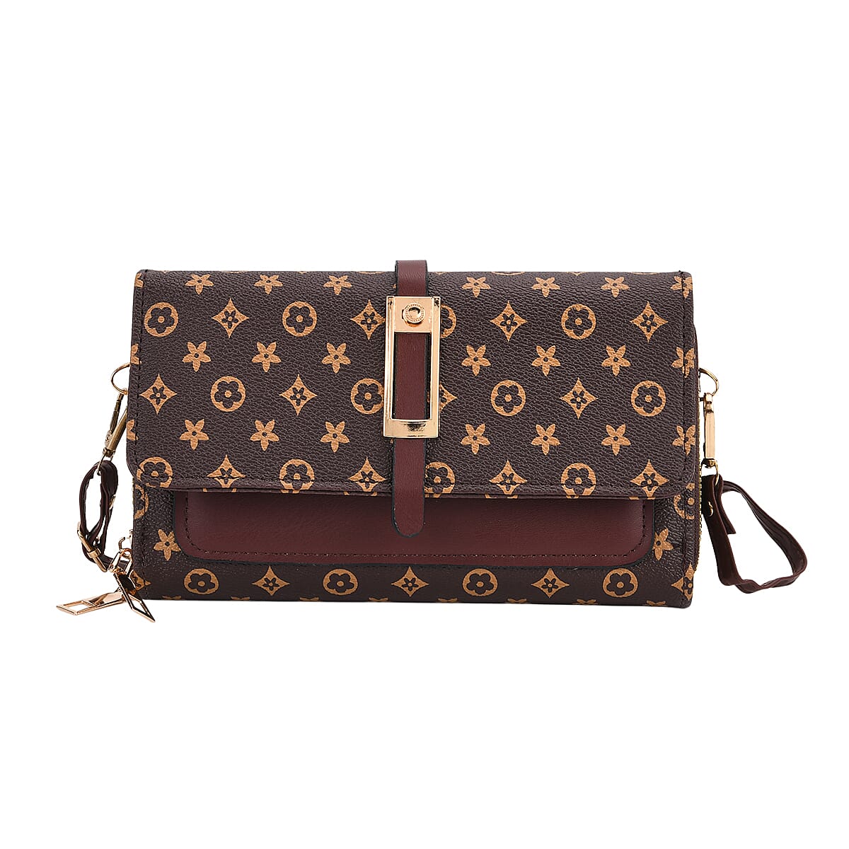 Designer Inspired - - Flower Pattern Crossbody Bag - Dark Brown