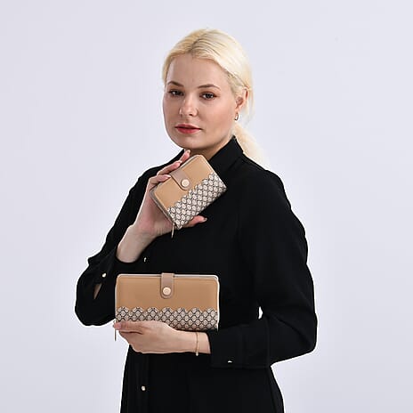 SET OF 2 --Designer Inspired Print Clutch - Short Wallet - Khaki