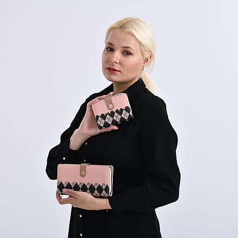 Set of 2- Rhomboid Pattern Clutch - Short Wallet - Light Pink