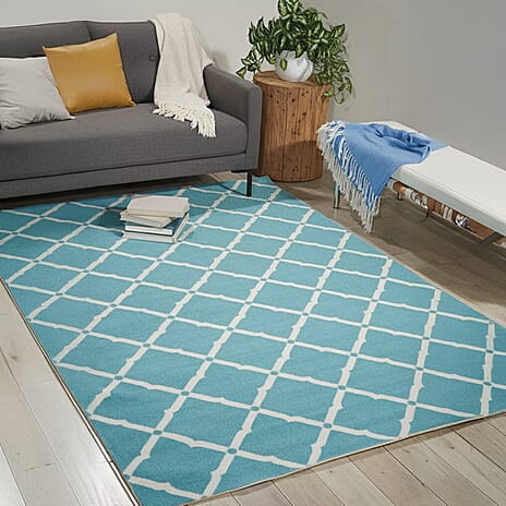 Geometric Diamond Pattern Indoor-Outdoor Rug (Size 180x120cm) - Turquoise - White