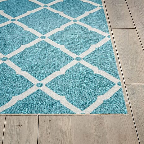 Geometric Diamond Pattern Indoor-Outdoor Rug (Size 180x120cm) - Turquoise - White