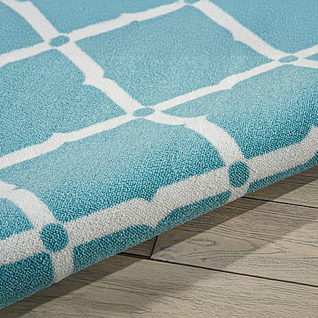 Geometric Diamond Pattern Indoor-Outdoor Rug (Size 180x120cm) - Turquoise - White