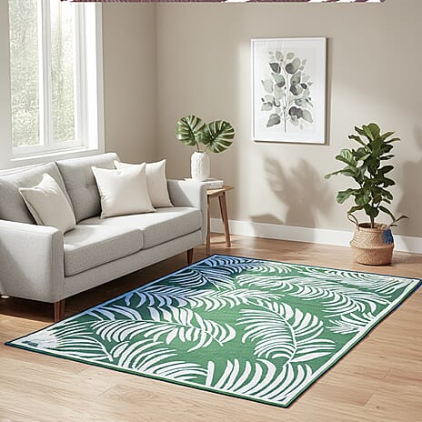 Botanical Style Green Rug with White Tropical Leaf Pattern Indoor-Outdoor Rug (Size 180x120cm)