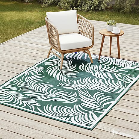 Botanical Style Green Rug with White Tropical Leaf Pattern Indoor-Outdoor Rug (Size 180x120cm)