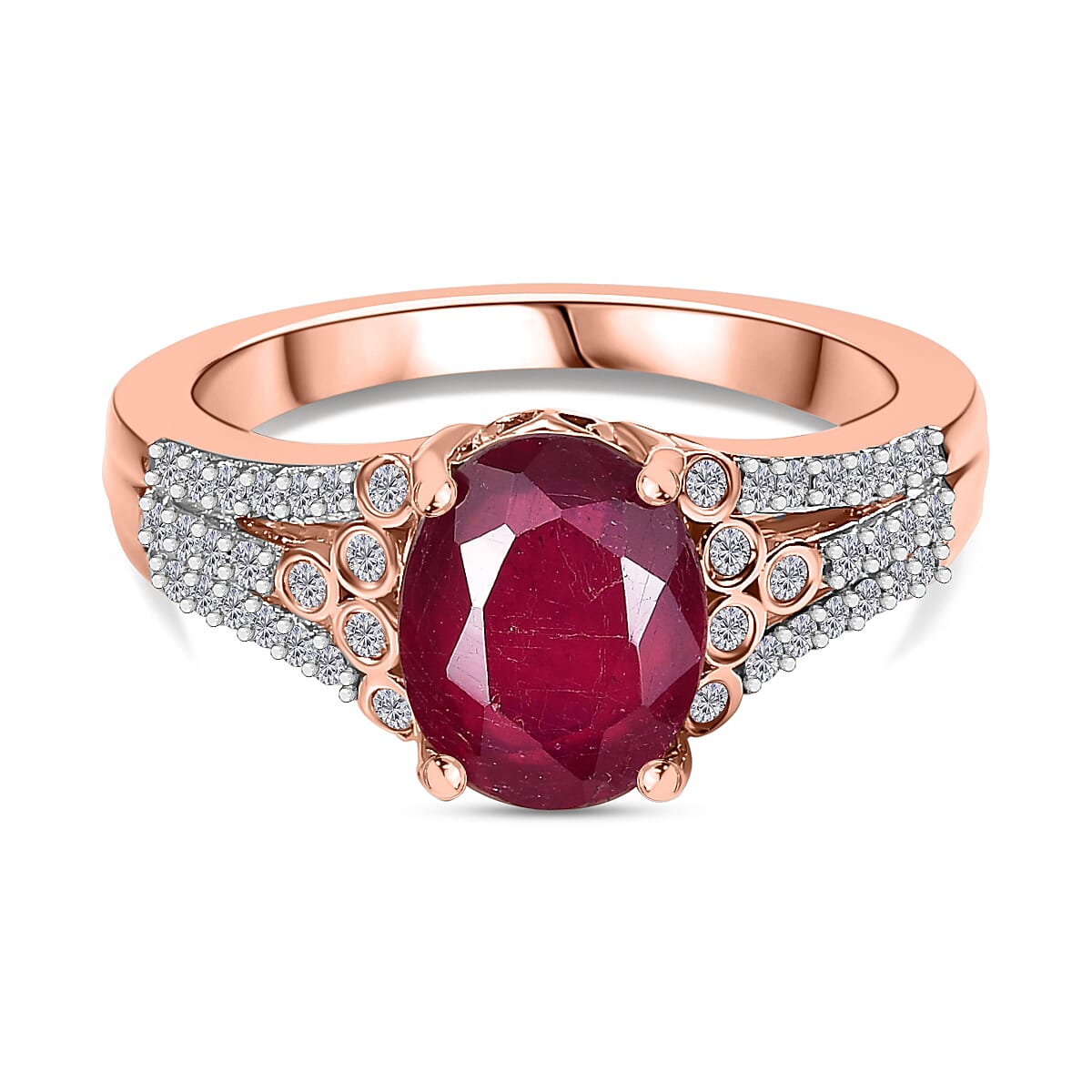 African Ruby & White Zircon Ring in 18K Vermeil Rose Gold Plated Sterling Silver 3.57 Ct.
