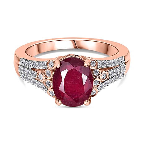 African Ruby & White Zircon Ring in 18K Vermeil Rose Gold Plated Sterling Silver 3.57 Ct.