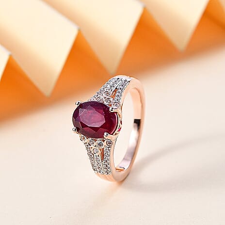 African Ruby & White Zircon Ring in 18K Vermeil Rose Gold Plated Sterling Silver 3.57 Ct.
