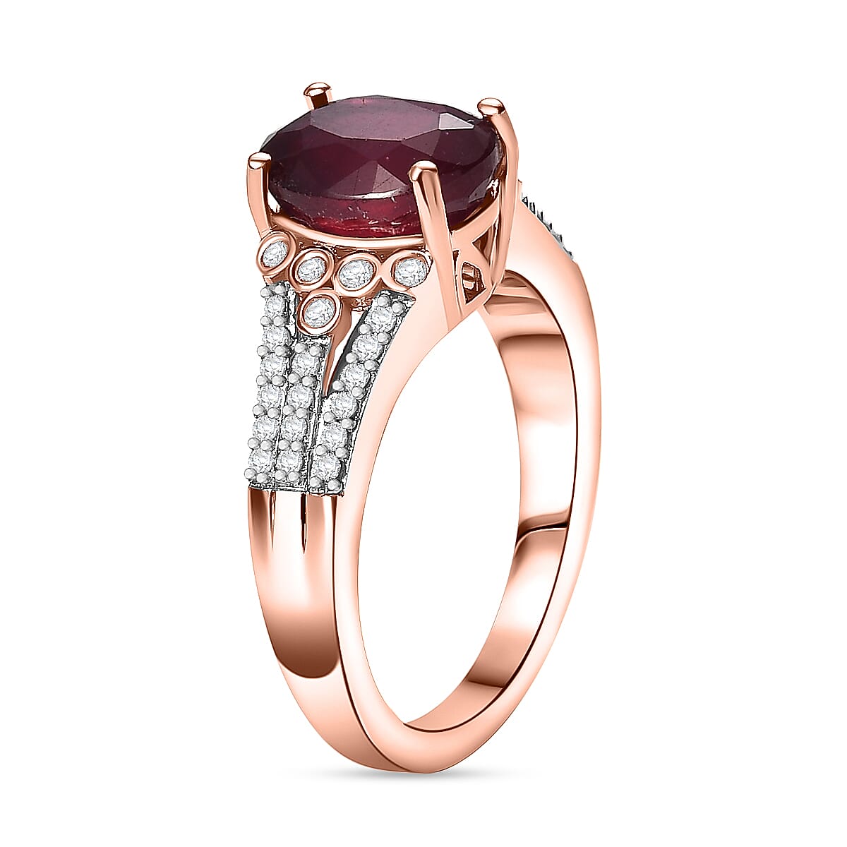 African Ruby & White Zircon Ring in 18K Vermeil Rose Gold Plated Sterling Silver 3.57 Ct.
