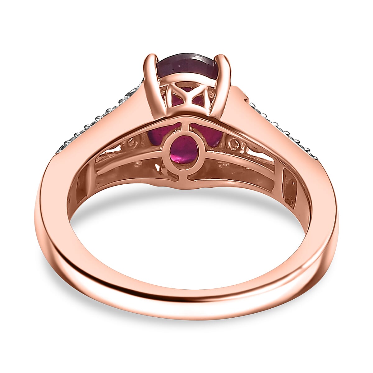 African Ruby & White Zircon Ring in 18K Vermeil Rose Gold Plated Sterling Silver 3.57 Ct.