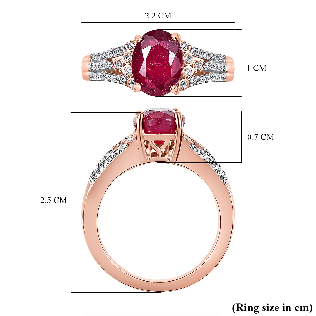 African Ruby & White Zircon Ring in 18K Vermeil Rose Gold Plated Sterling Silver 3.57 Ct.