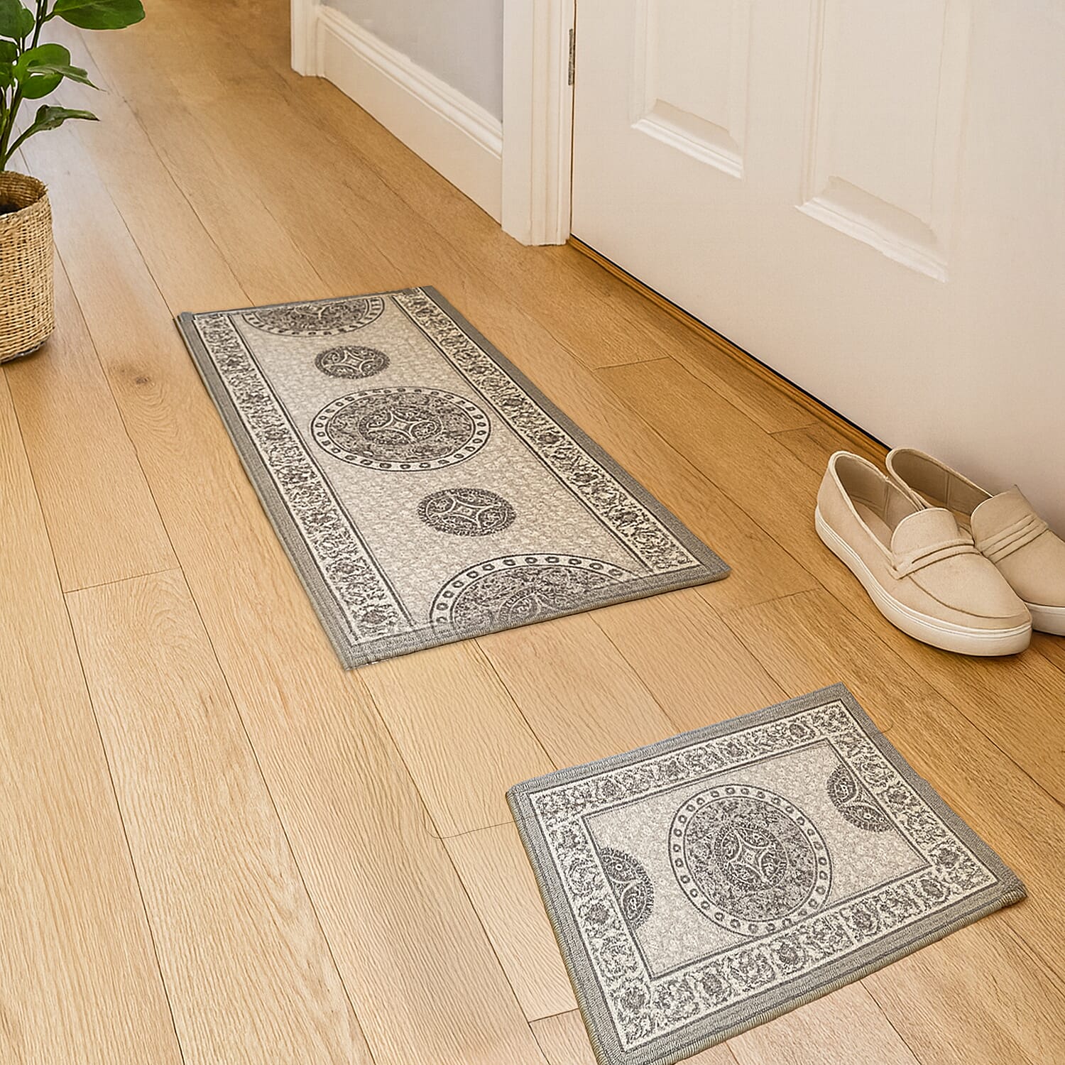 Set of 2 Machine Washable Door Mat (65cm x 45cm) & Runner (120cm x 45cm) With Anti Slip Base  - Beige