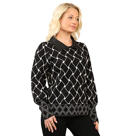 Anamor Jacquard Collar Knitted Jumper (Size - M-L) - Black & Beige