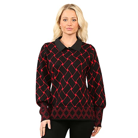 Anamor Jacquard Collar Knitted Jumper (Size - L-XL) - Black & Red