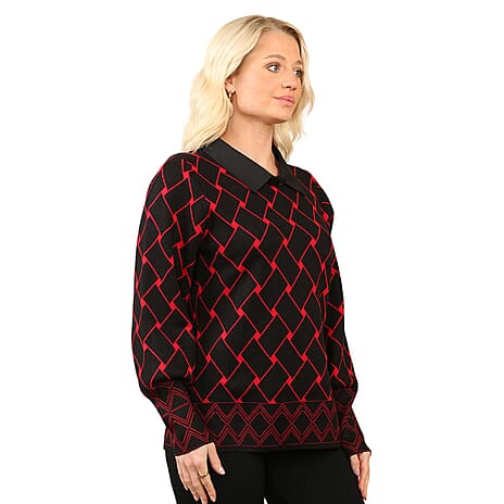 Anamor Jacquard Collar Knitted Jumper (Size - L-XL) - Black & Red