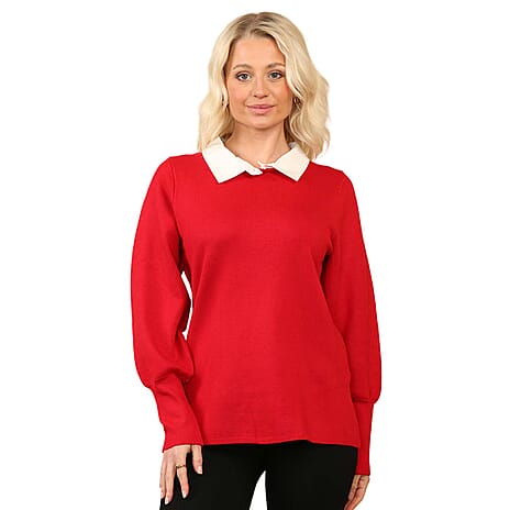 Anamor Jacquard Collar Knitted Jumper (Size - S-M) - Red