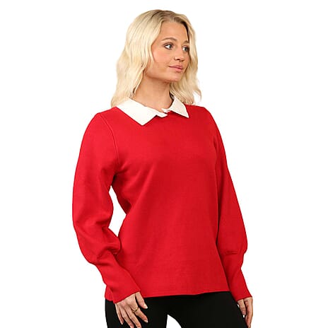 Anamor Jacquard Collar Knitted Jumper (Size - S-M) - Red