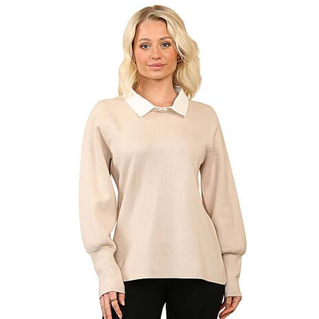 Anamor Jacquard Collar Knitted Jumper (Size - L-XL) - Beige