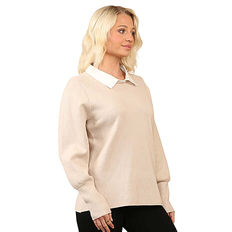 Anamor Jacquard Collar Knitted Jumper (Size - L-XL) - Beige