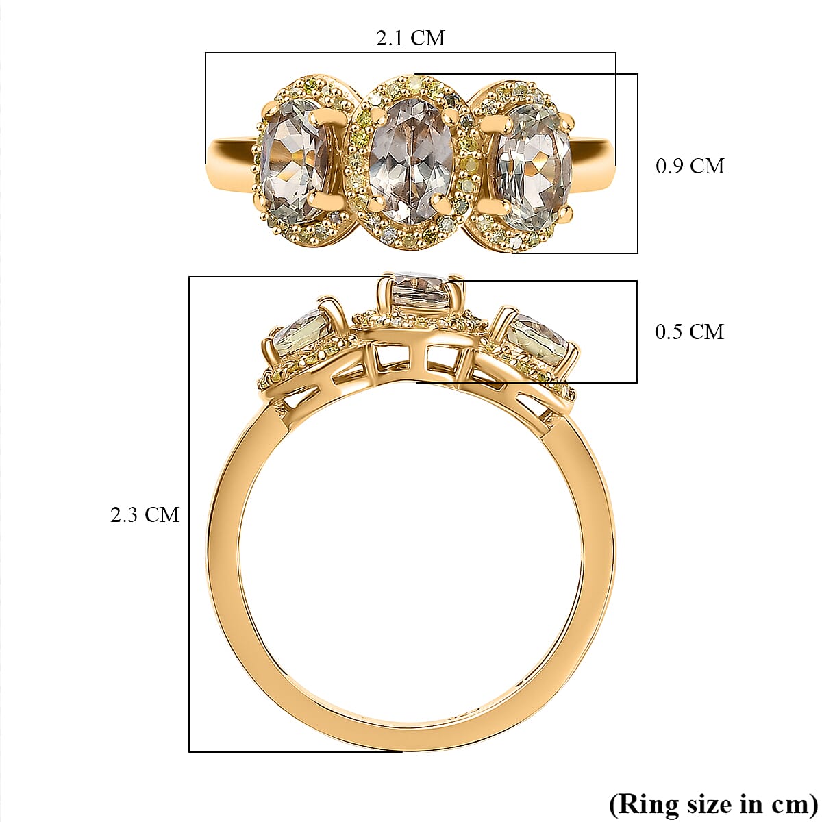 Turkizite & Natural Yellow Diamond Trilogy Ring in 18K Gold Vermeil Sterling Silver 1.81 Ct. Turkizite & Natural Yellow Diamond Trilogy Ring in 18K Gold Vermeil Sterling Silver 1.81 Ct.