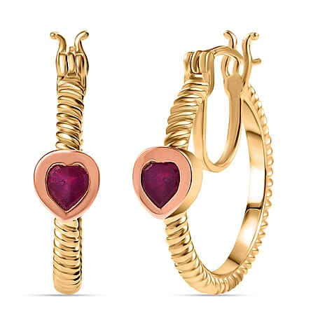 African Ruby Full Hoop Earring in 18K Vermeil Yellow & Rose Gold Plated Sterling Silver 1.38 Ct.