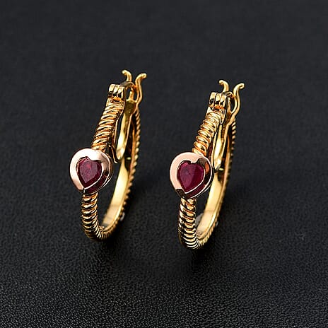 African Ruby Full Hoop Earring in 18K Vermeil Yellow & Rose Gold Plated Sterling Silver 1.38 Ct.