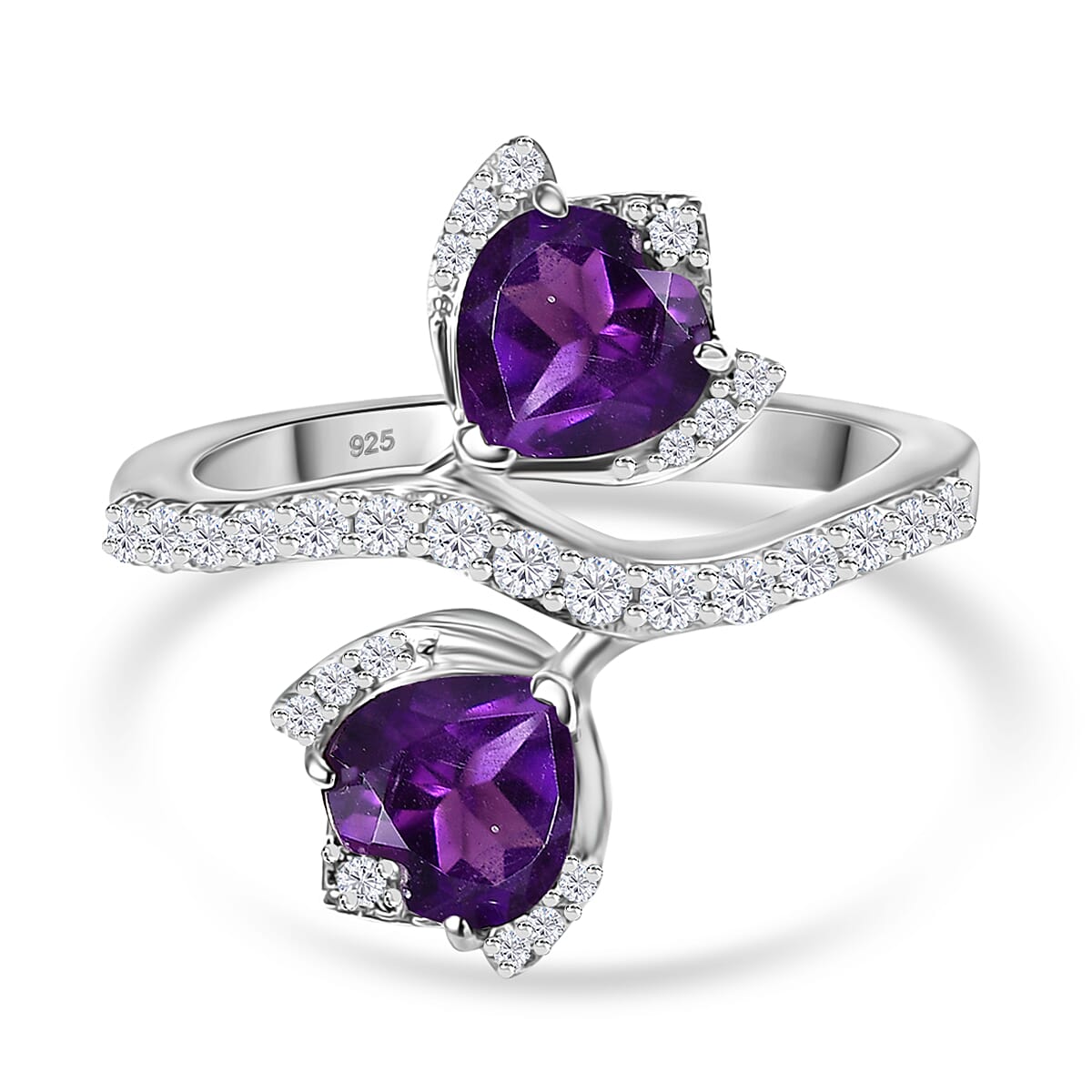 African Amethyst & White Zircon Ring in Rhodium Overlay Sterling Silver 2.13 Ct.