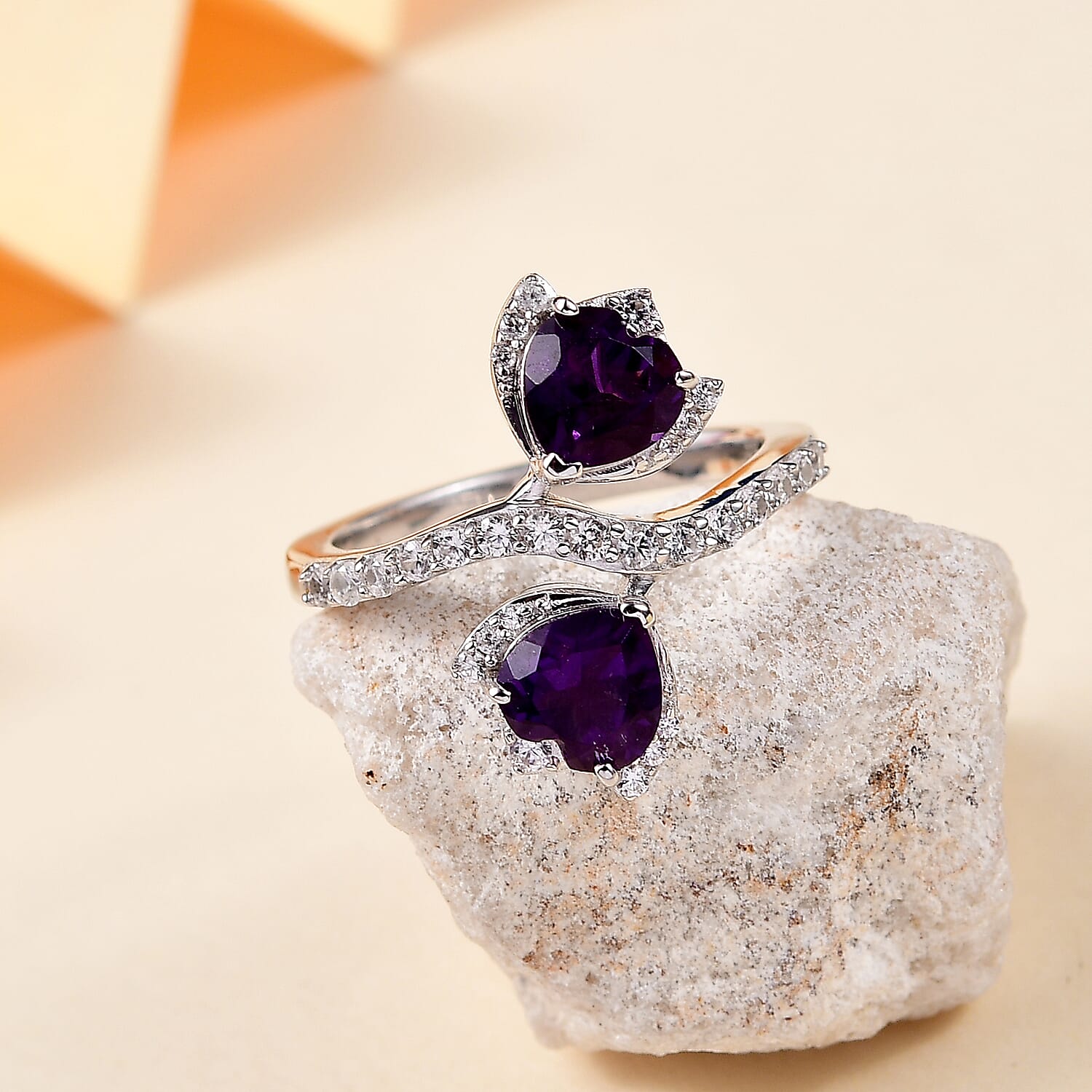 African Amethyst & White Zircon Ring in Rhodium Overlay Sterling Silver 2.13 Ct.