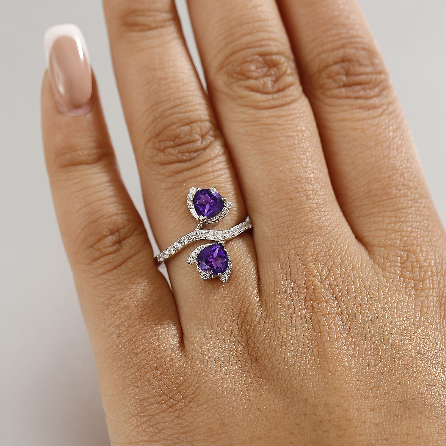 African Amethyst & White Zircon Ring in Rhodium Overlay Sterling Silver 2.13 Ct.