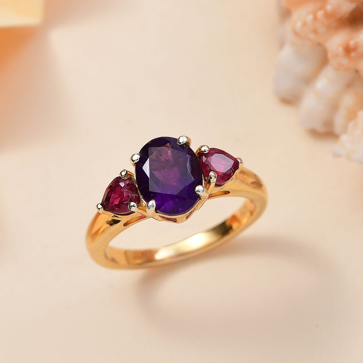 African Amethyst & African Ruby Solitaire Ring in 18K Vermeil Yellow Gold Plated Sterling Silver 2.26 Ct.