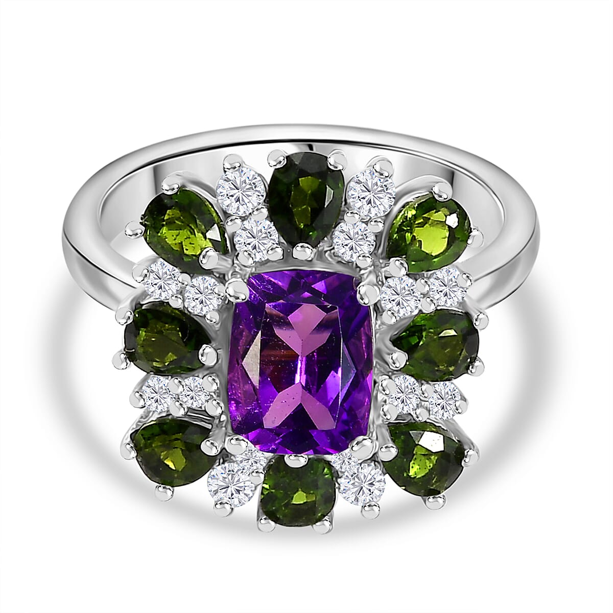 African Amethyst, Natural Chrome Diopside & White Zircon Ring in Rhodium Overlay Sterling Silver 3.71 Ct.