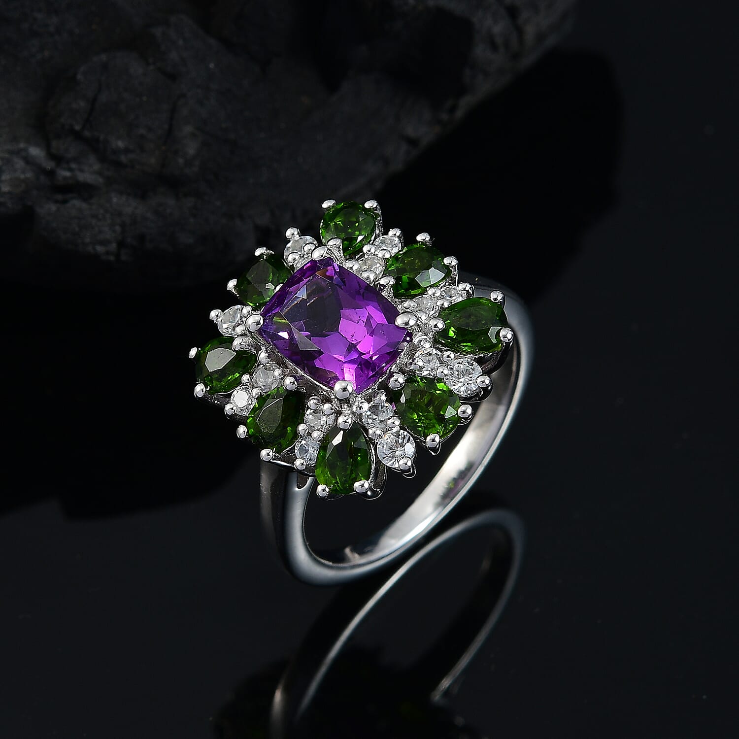 African Amethyst, Natural Chrome Diopside & White Zircon Ring in Rhodium Overlay Sterling Silver 3.71 Ct.
